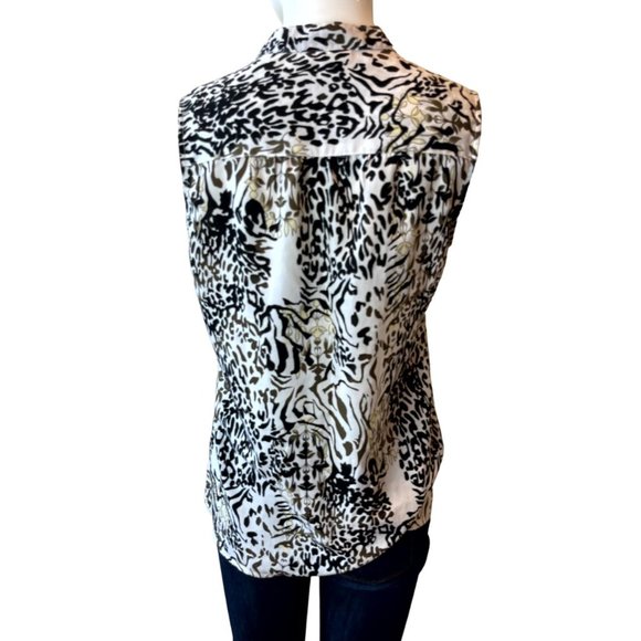 Notations Women Henley Blouse Top Animal Leaf Print Snap Front Button Black Whit - Picture 2 of 7